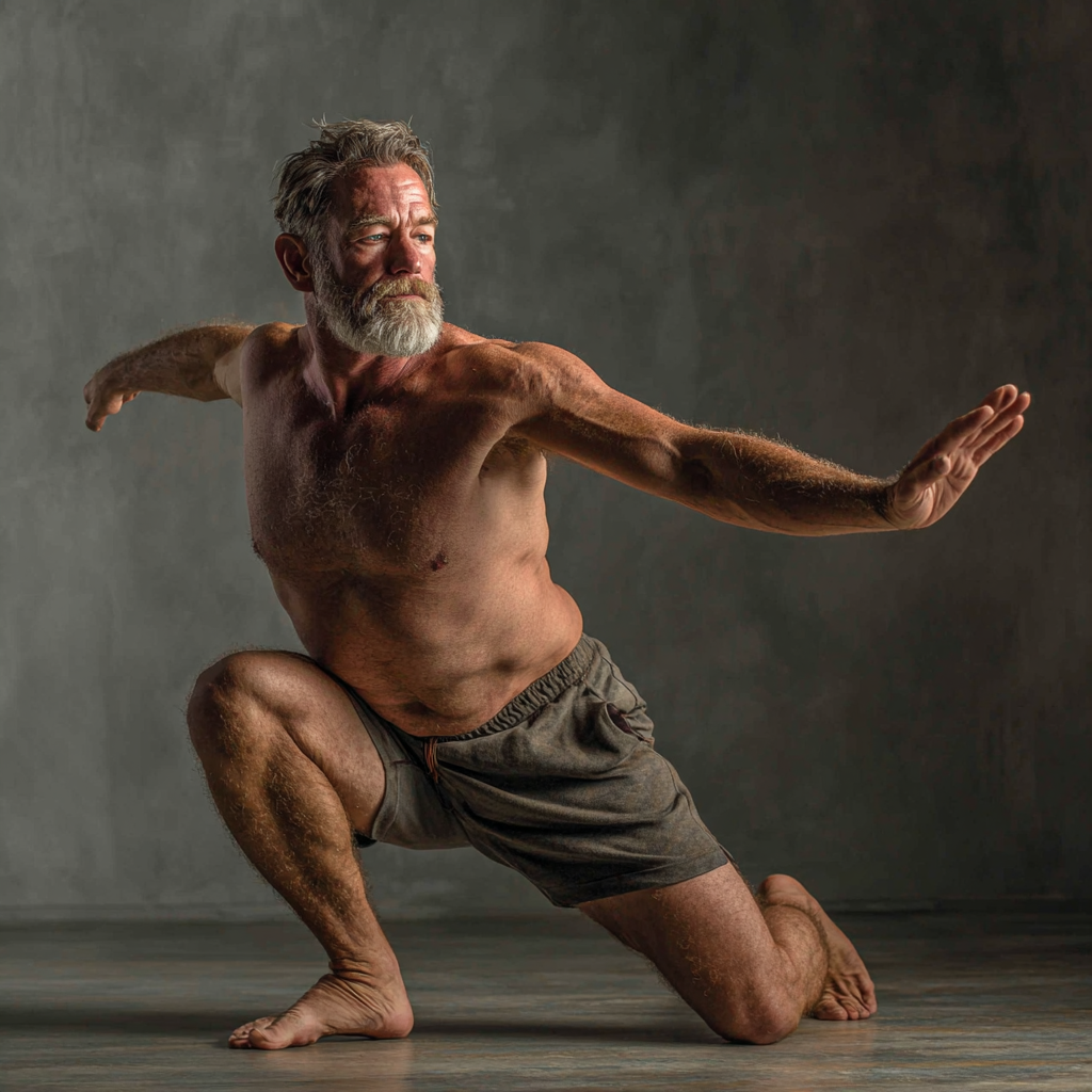 mature man practicing functional movement in studio environment