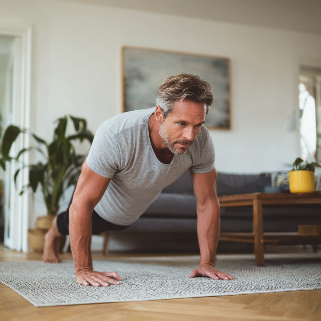 middle aged man performing controlled bodyweight exercise at home
